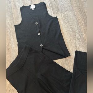 Black Sleeveless Button-Up Top & Pants Set Loungewear Relaxation Casual